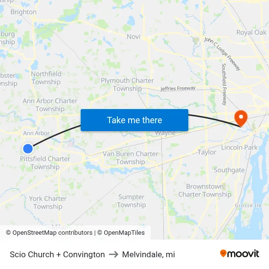 Scio Church + Convington to Melvindale, mi map