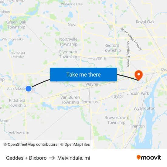 Geddes + Dixboro to Melvindale, mi map