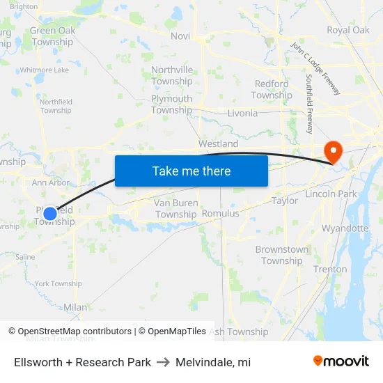 Ellsworth + Research Park to Melvindale, mi map