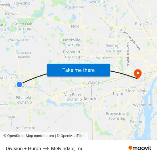 Division + Huron to Melvindale, mi map