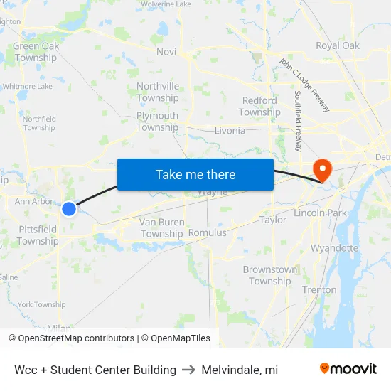 Wcc + Student Center Building to Melvindale, mi map