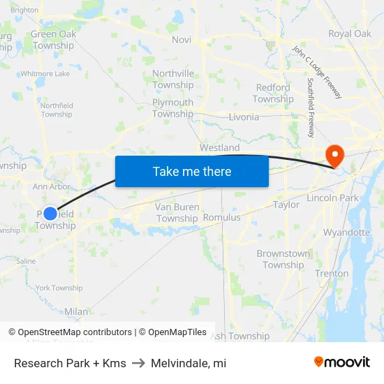 Research Park + Kms to Melvindale, mi map