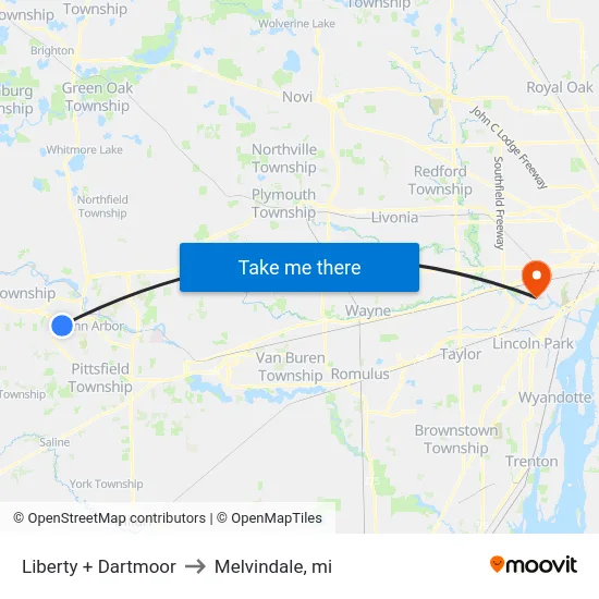 Liberty + Dartmoor to Melvindale, mi map