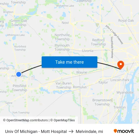 Univ Of Michigan - Mott Hospital to Melvindale, mi map