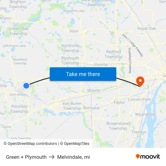 Green + Plymouth to Melvindale, mi map