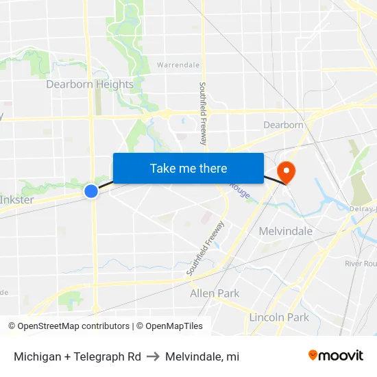 Michigan + Telegraph Rd to Melvindale, mi map