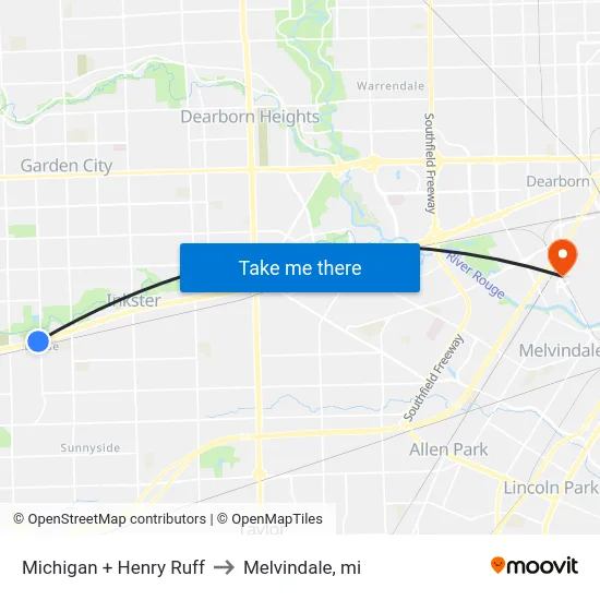 Michigan + Henry Ruff to Melvindale, mi map