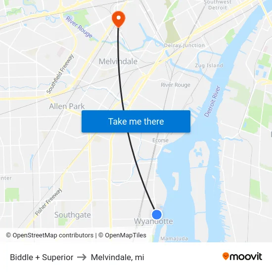 Biddle + Superior to Melvindale, mi map