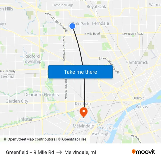 Greenfield + 9 Mile Rd to Melvindale, mi map