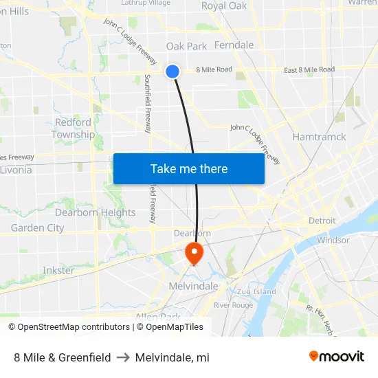 8 Mile & Greenfield to Melvindale, mi map