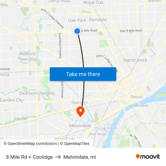 8 Mile Rd + Coolidge to Melvindale, mi map