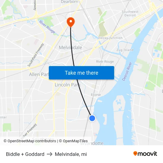 Biddle + Goddard to Melvindale, mi map