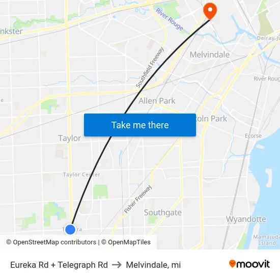 Eureka Rd + Telegraph Rd to Melvindale, mi map