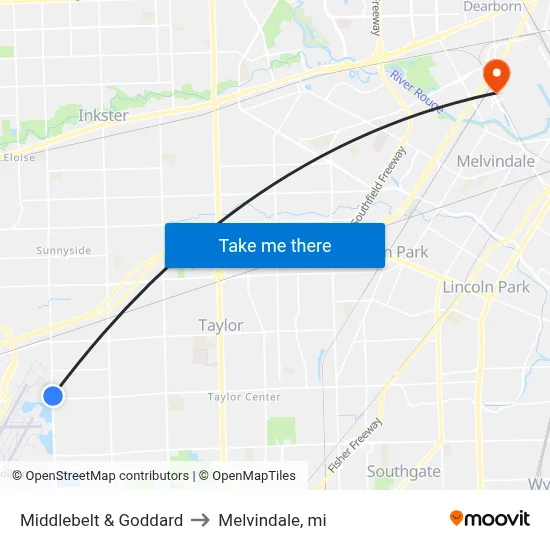 Middlebelt & Goddard to Melvindale, mi map