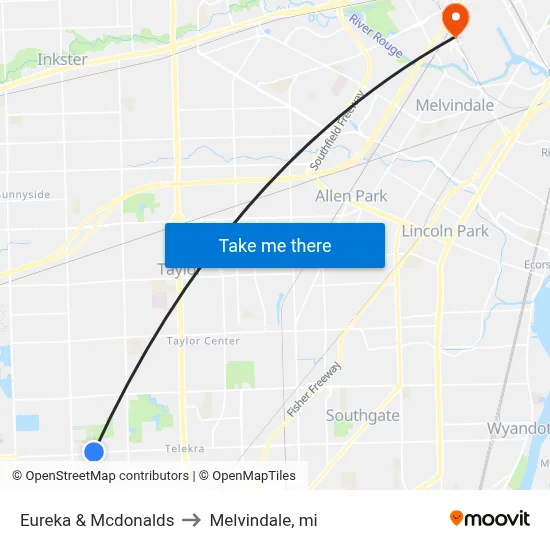 Eureka @ Mcdonald's to Melvindale, mi map