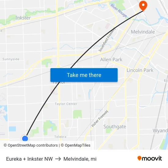 Eureka + Inkster NW to Melvindale, mi map