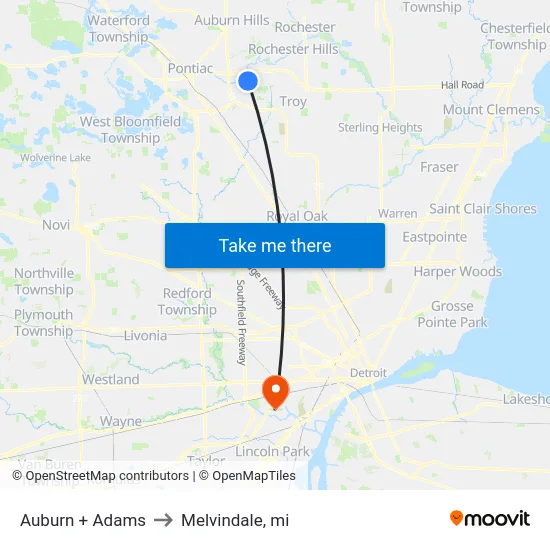Auburn + Adams to Melvindale, mi map