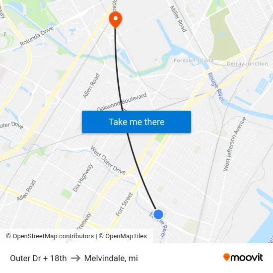 Outer Dr + 18th to Melvindale, mi map
