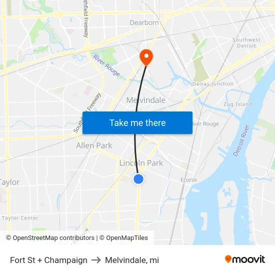 Fort St + Champaign to Melvindale, mi map