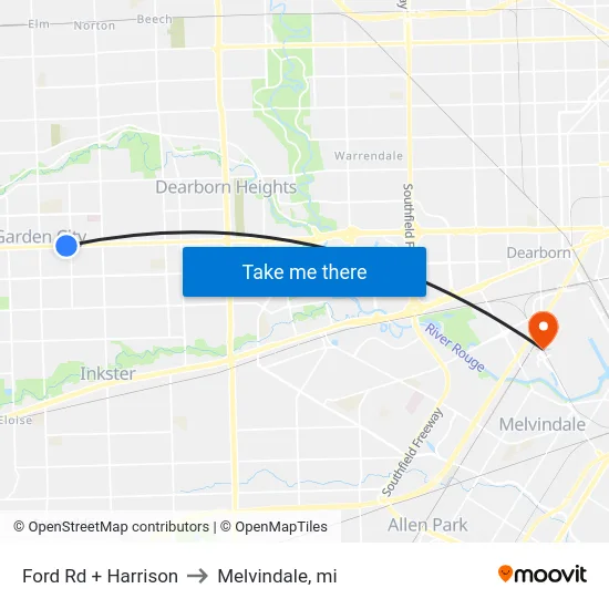 Ford Rd + Harrison to Melvindale, mi map