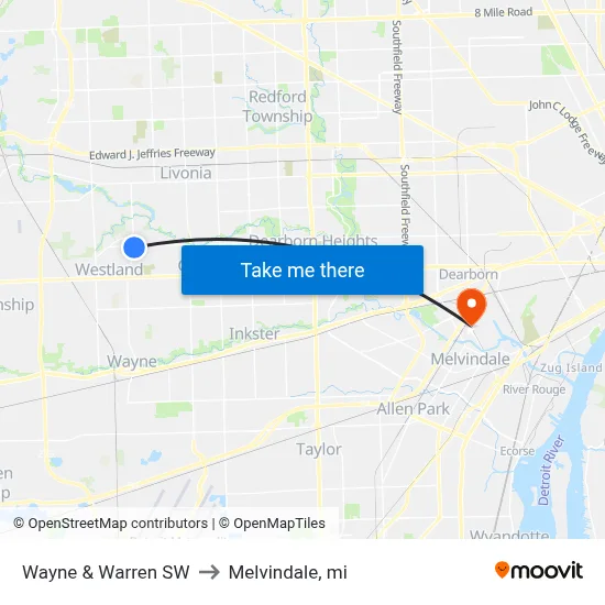 Wayne & Warren SW to Melvindale, mi map