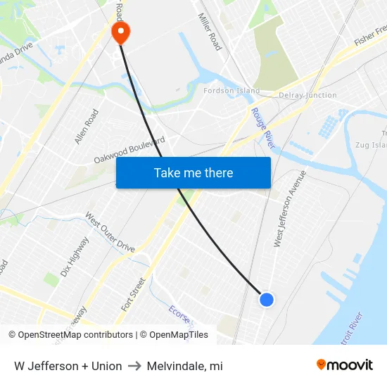 W Jefferson + Union to Melvindale, mi map