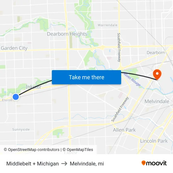 Middlebelt + Michigan to Melvindale, mi map