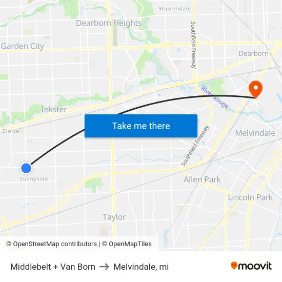 Middlebelt + Van Born to Melvindale, mi map