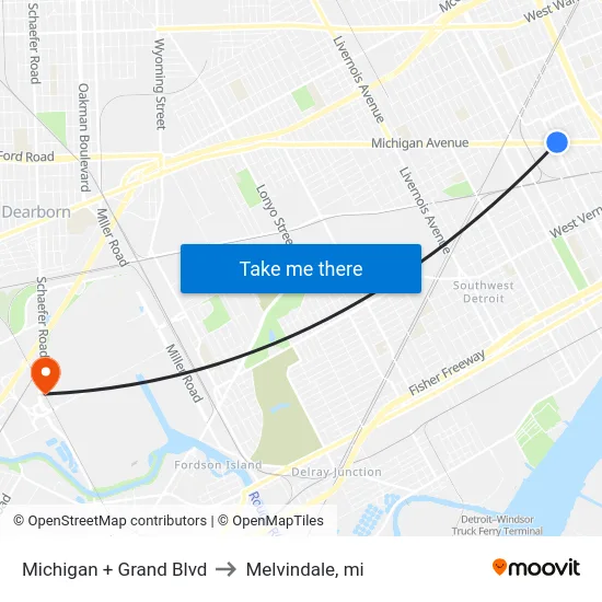 Michigan + Grand Blvd to Melvindale, mi map