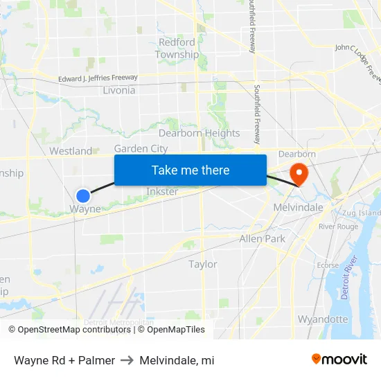Wayne Rd + Palmer to Melvindale, mi map