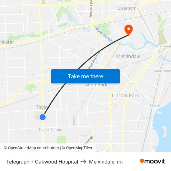 Telegraph + Oakwood Hospital to Melvindale, mi map