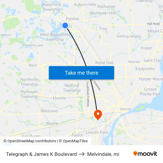 Telegraph & James K Boulevard to Melvindale, mi map