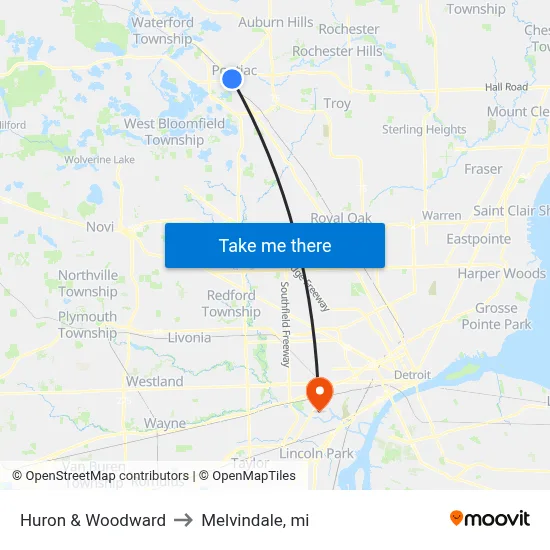 Huron & Woodward to Melvindale, mi map