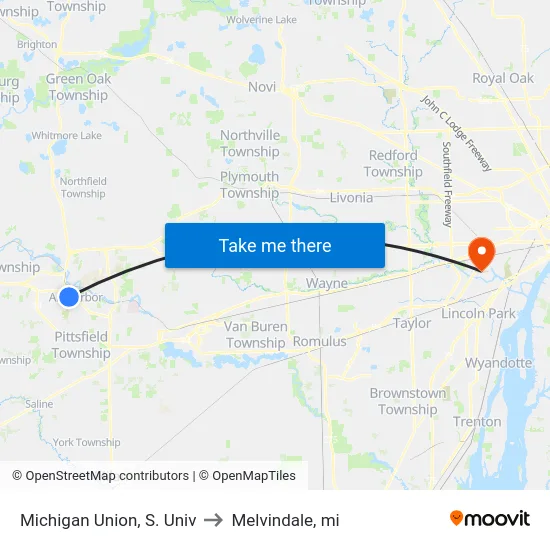 Michigan Union, S. Univ to Melvindale, mi map