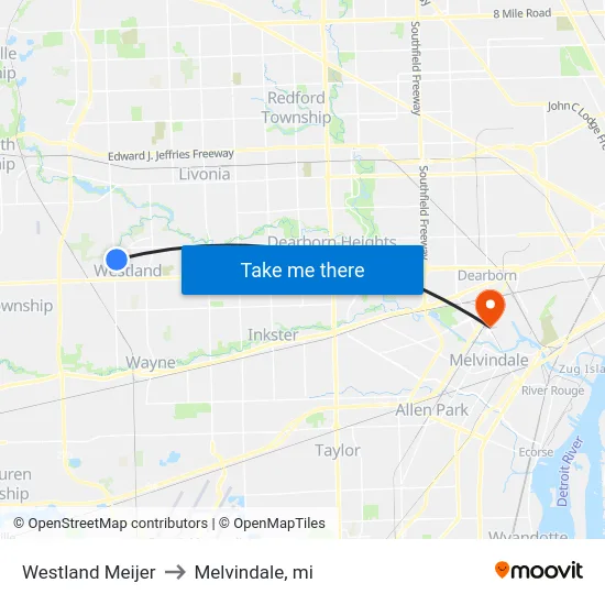 Westland Meijer to Melvindale, mi map