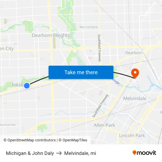 Michigan & John Daly to Melvindale, mi map