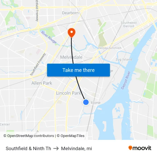 Southfield & Ninth Th to Melvindale, mi map