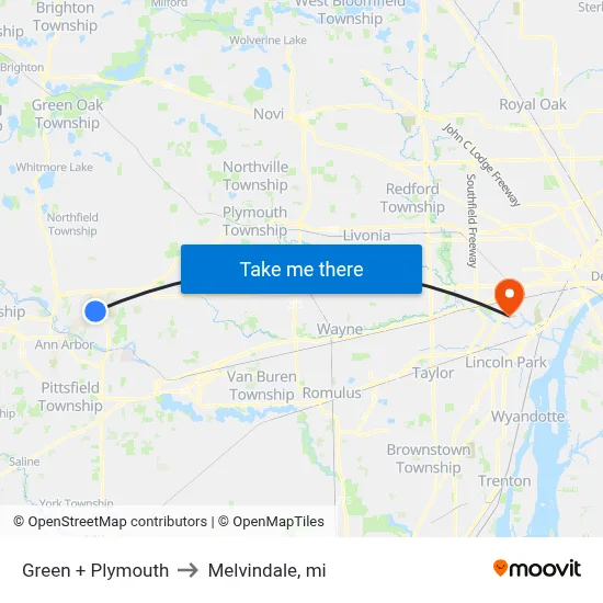 Green + Plymouth to Melvindale, mi map