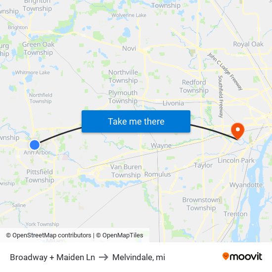 Broadway + Maiden Ln to Melvindale, mi map