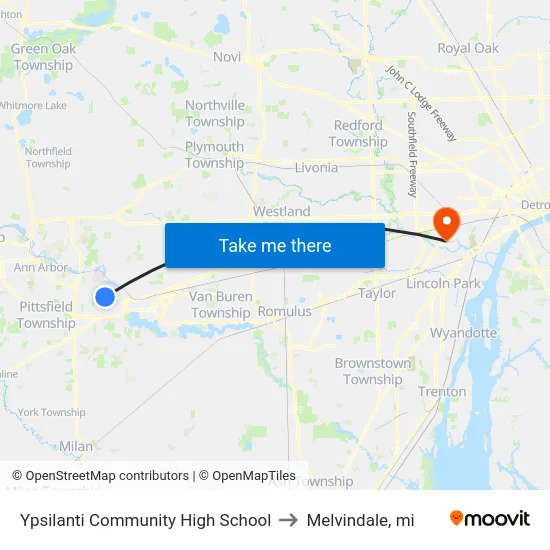 Ypsilanti Community High School to Melvindale, mi map