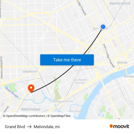 Grand Blvd to Melvindale, mi map