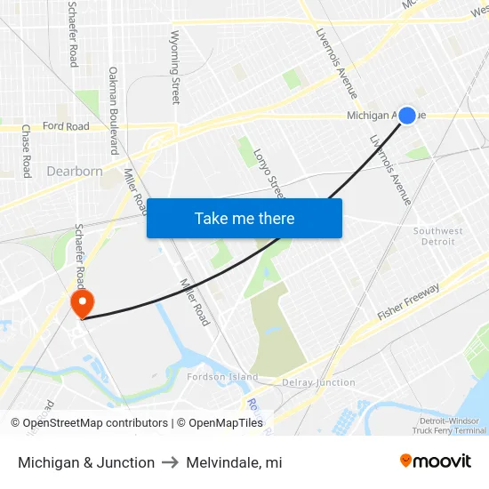 Michigan & Junction to Melvindale, mi map