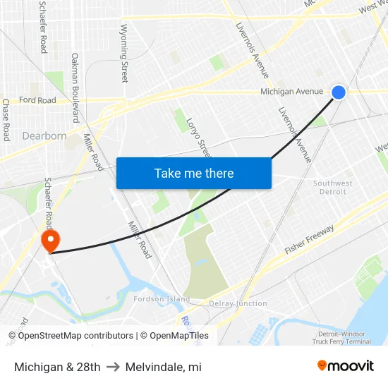Michigan & 28th to Melvindale, mi map