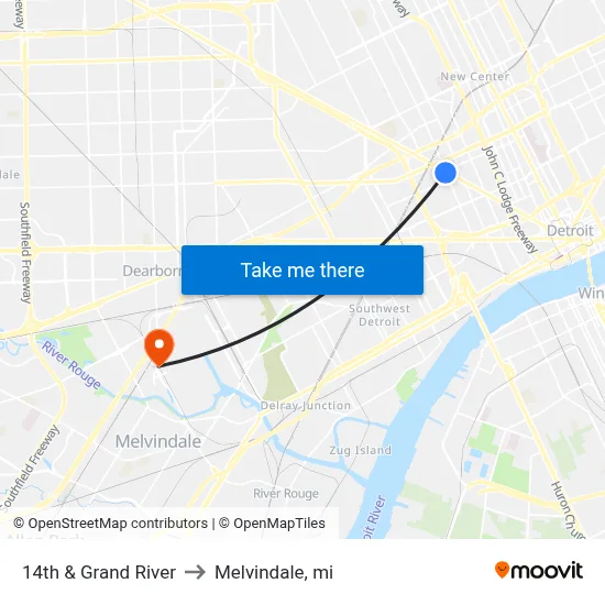 14th & Grand River to Melvindale, mi map