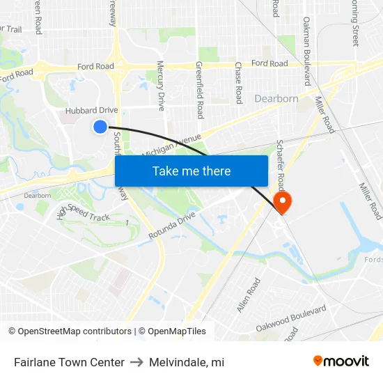 Fairlane Town Center to Melvindale, mi map