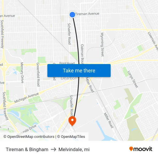 Tireman & Bingham to Melvindale, mi map