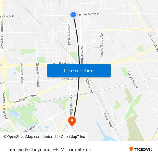 Tireman & Cheyenne to Melvindale, mi map