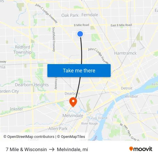7 Mile & Wisconsin to Melvindale, mi map