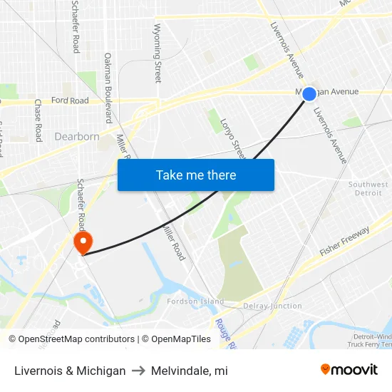 Livernois & Michigan to Melvindale, mi map