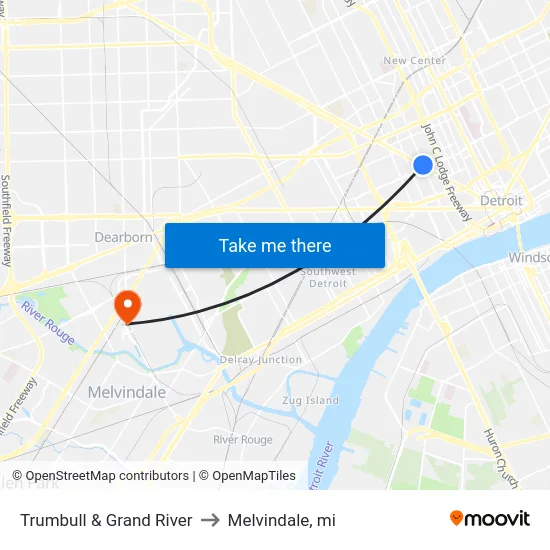 Trumbull & Grand River to Melvindale, mi map